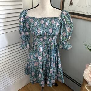 Perry Walker Collective Dress XS-M Green Floral Smocked Mini Dainty Milkmaid